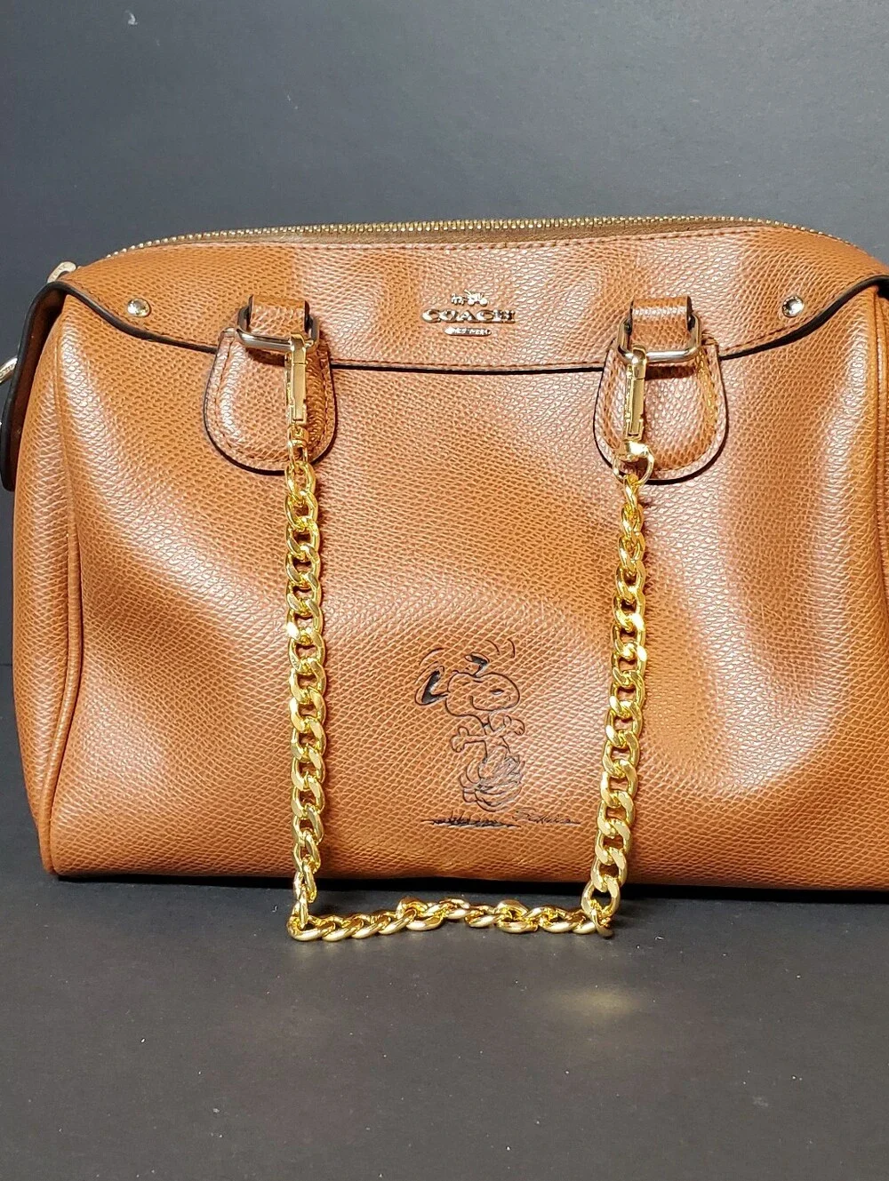 Coach x Peanuts Limited Edition Snoopy Brown Leather Satchel - Custom Gold Chain